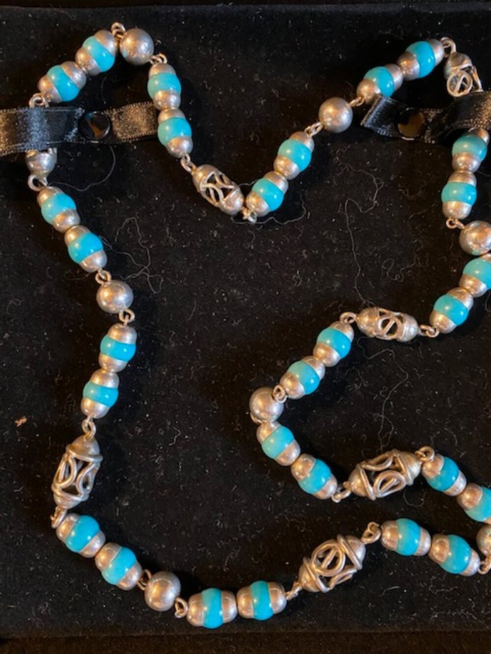 This VTG sterling silver necklace filigree tube beads turquoise banded stones